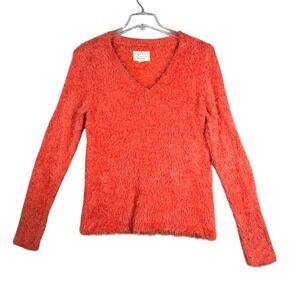 Evy's Tree Sweater The Ruthie Coral Orange‎ Fuzzy V-Neck Pullover Womens Size S